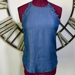 1250 C Denim Halter Top with Ruffle Trim